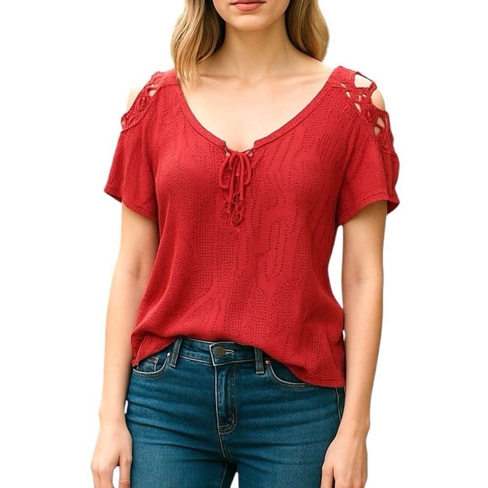 Free People Knit Crochet Detail Boho Top Cherry Red